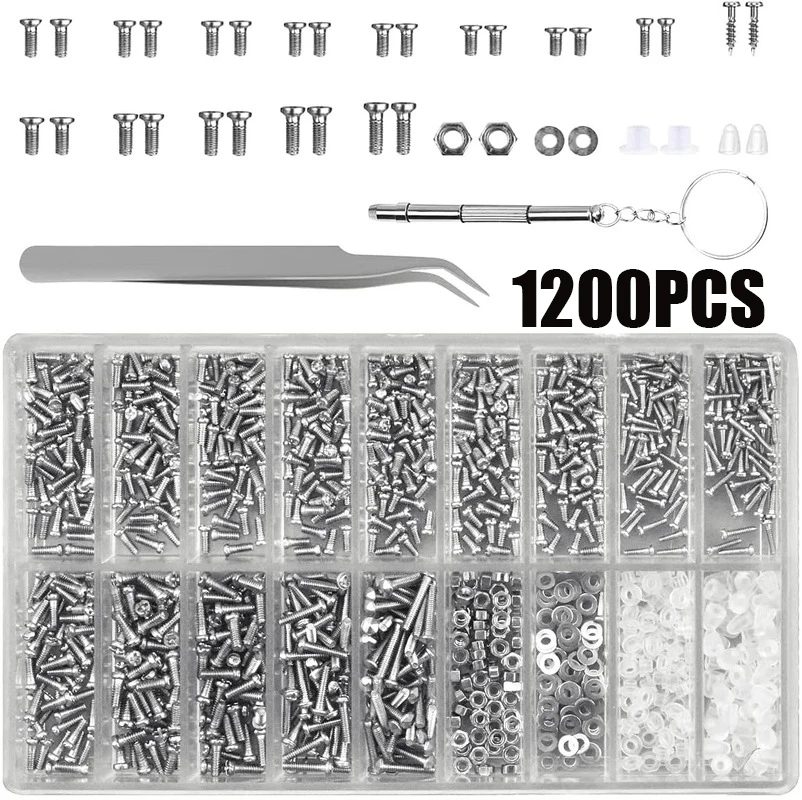 1200pcs Glasses Screws With Screwdriver Tweezers  Repair Kit Complete Glasses Screws Mini Screws Set for PC Phone