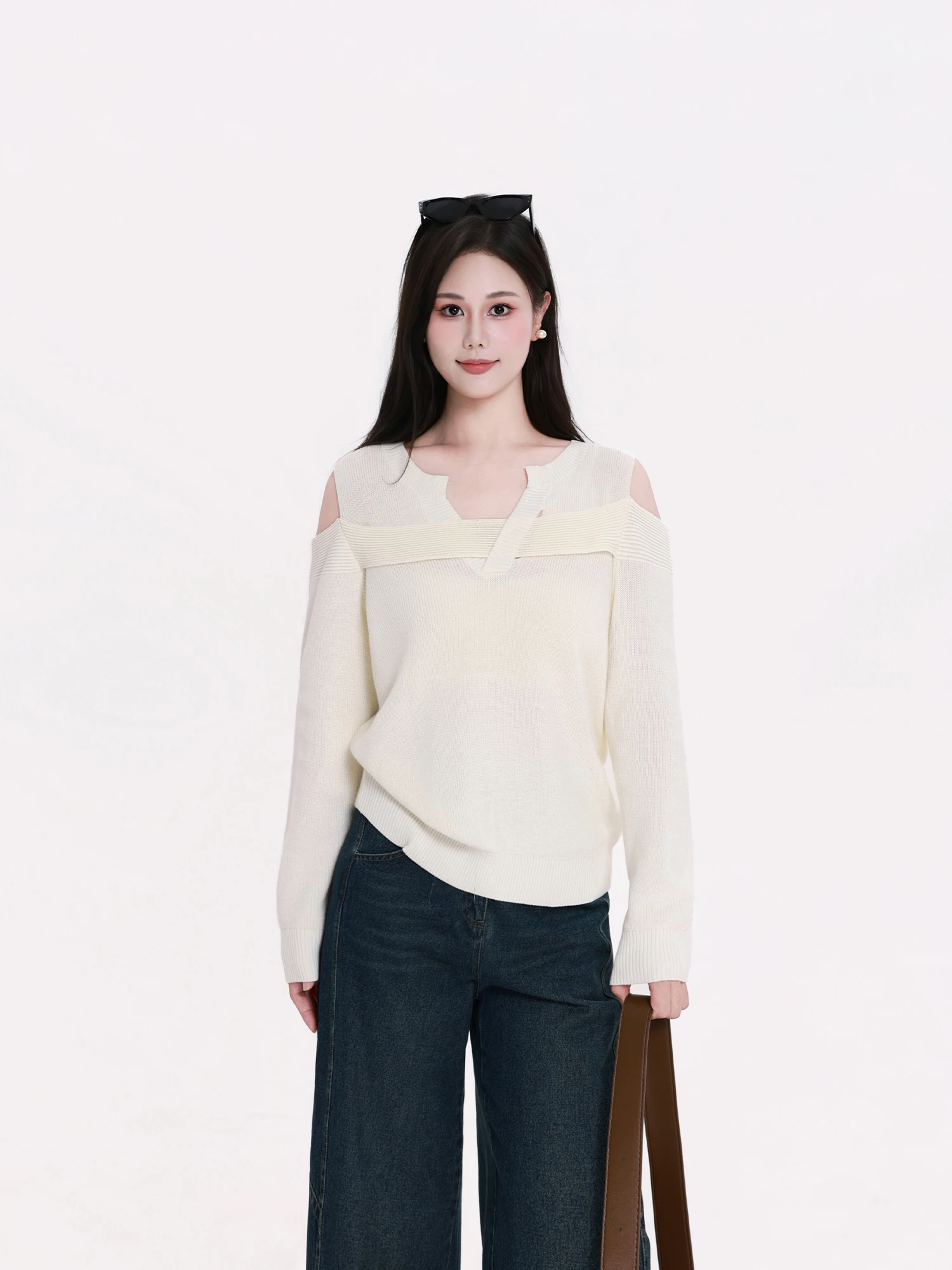 

Трикотаж больших размеров с оulder Bared Long Sve Faionable Casual Sle Полиэфирное волокно с высокой талией pe Ladies Faion Top