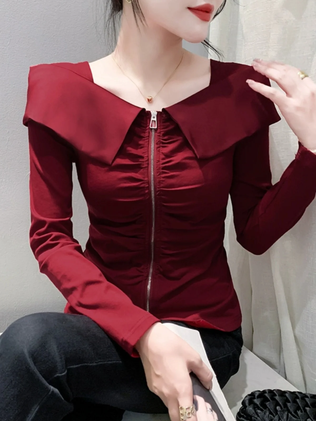 Autumn Cotton T Shirts Female Fashion Folds Front Zipper Full Sleeve Slim Tee Top Woman Base T-shirt HF3015