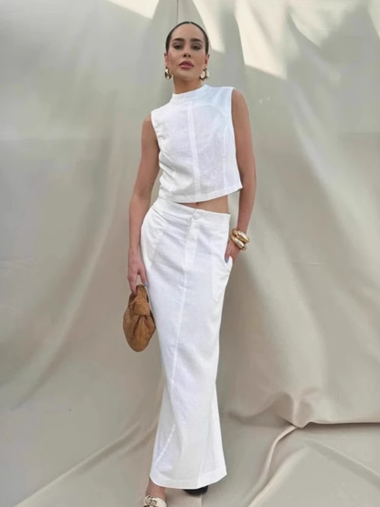 Summer Minimalist and Casual White Sleeveless Vest, Split Long Skirt, Cotton and Linen Two-piece Set, Beach Vacation Trendy Set