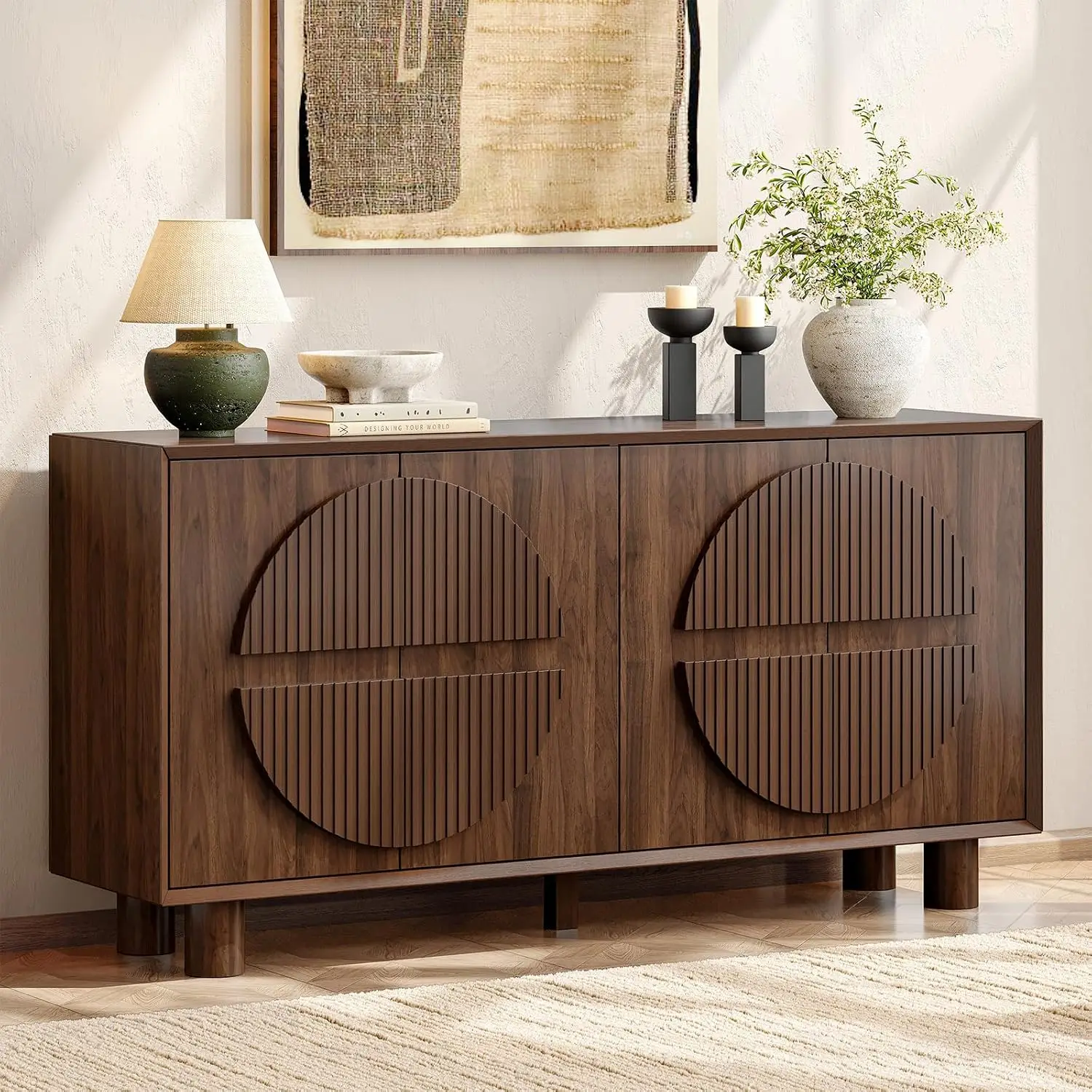 63 Inch Fluted Buffet Cabinet W/Storage & Push-Spring Doors, Walnut, Customized
