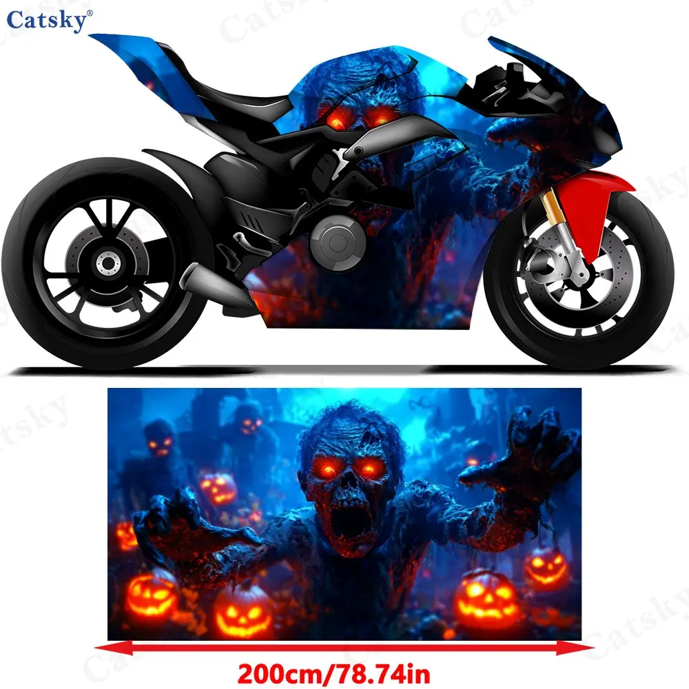 Pumpkin Lanterns And Terrifying Skeletons Motorcycle Vinyl Wrap - Waterproof, Removable Decal Sticker, Universal Fit For Motorbi