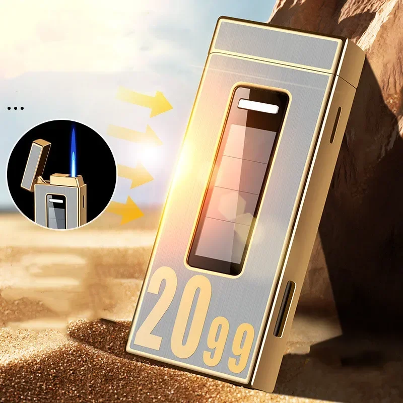 Solar Charging Touch Sensor Lighter Metal Windproof Butane Gas Lighter Turbine Torch Blue Flame Jet Outdoor Cigarette Lighter