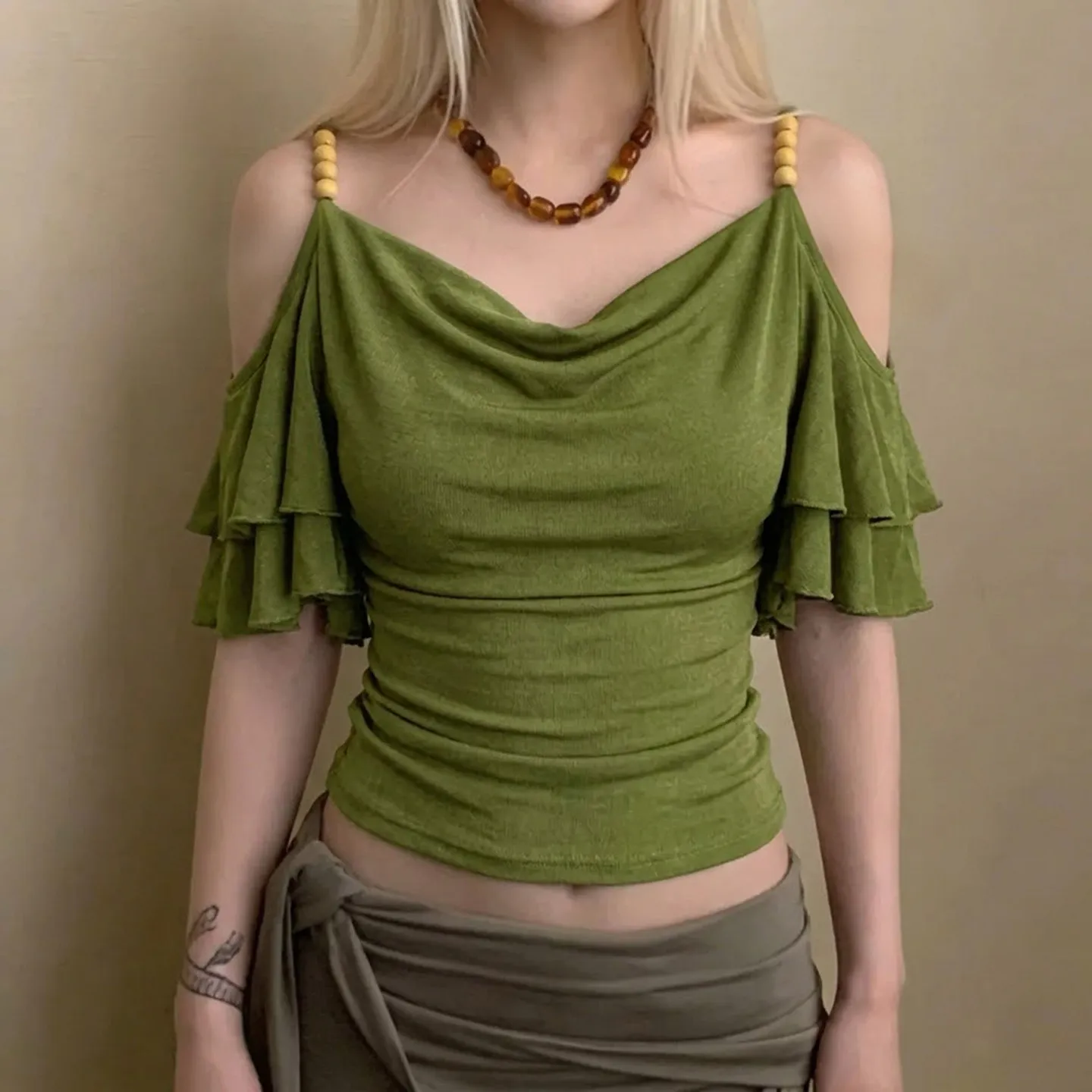 Women's Green T-shirt Y2K Gyaru Fashion Elegant Vintage Korean style Tee Top Off Shoulder Cropped Crop T-shirt for Women Summer