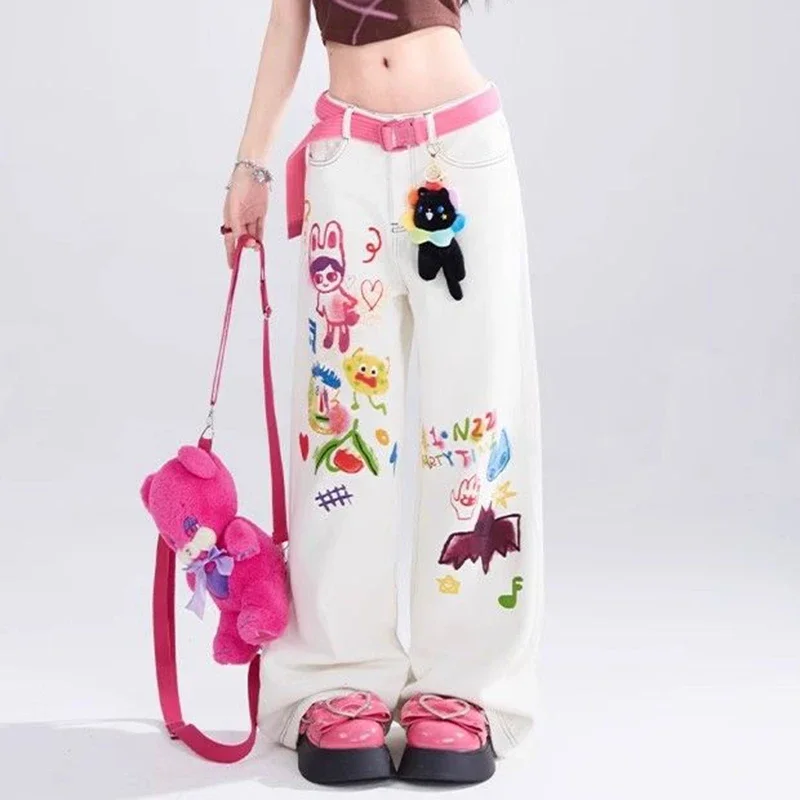 American high street graffiti design sense wide-leg jeans women autumn and winter retro high waist straight loose white pants.