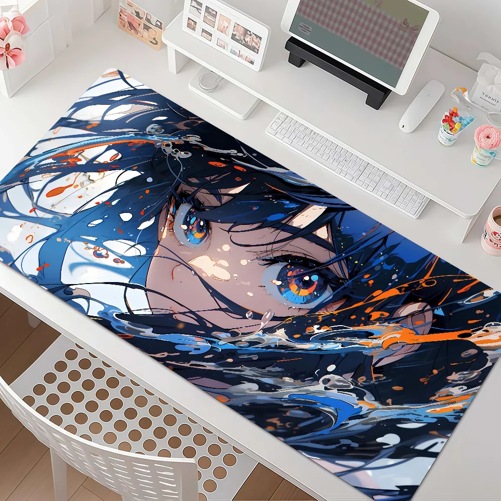 Big-Eyed Cute Girl Mouse Pad Large Non-Slip Waterproof Mat Stitched Edge Keyboard Pad for Gaming Daily Office