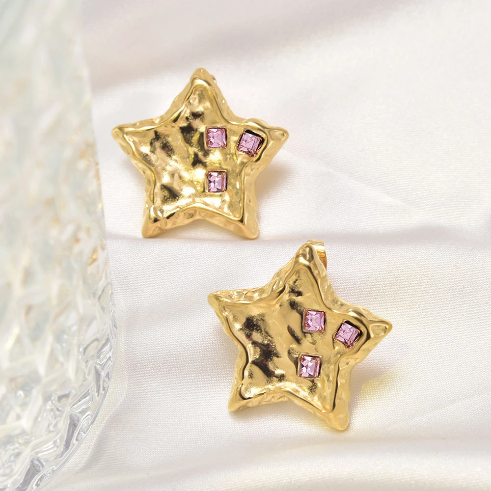 Charm Gold Plated Purple Crystal Star Studs Waterproof Thick Geometric Zircon Ear Stud for Women Fashion Jewelry 2024 New Aretes