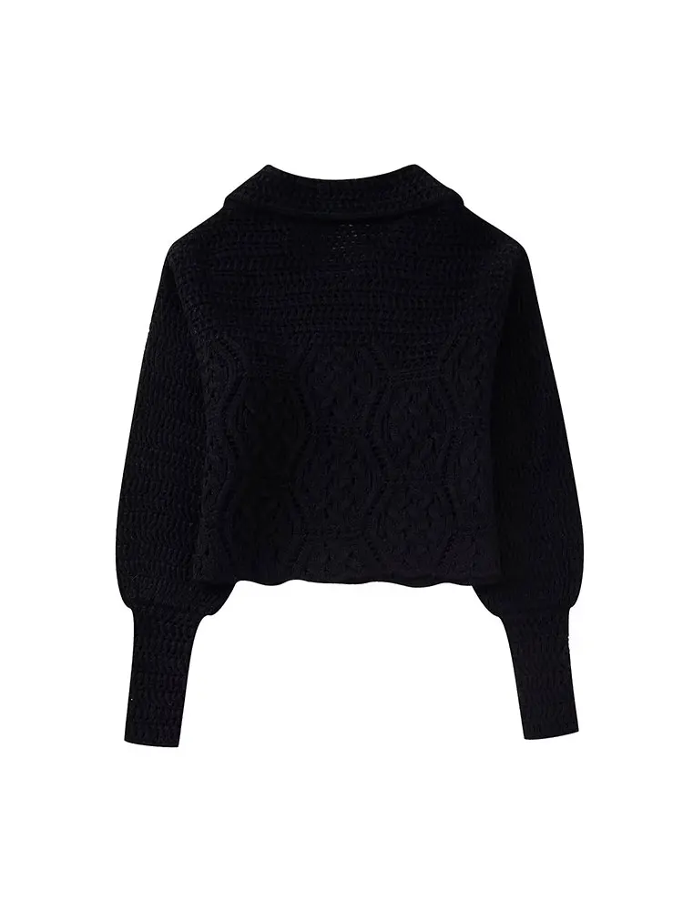 TRAF 2024 Autumn Vintage Hollow Out Women Sweater Black Solid Knitted Loose Pullovers Fashion Warm Female Top