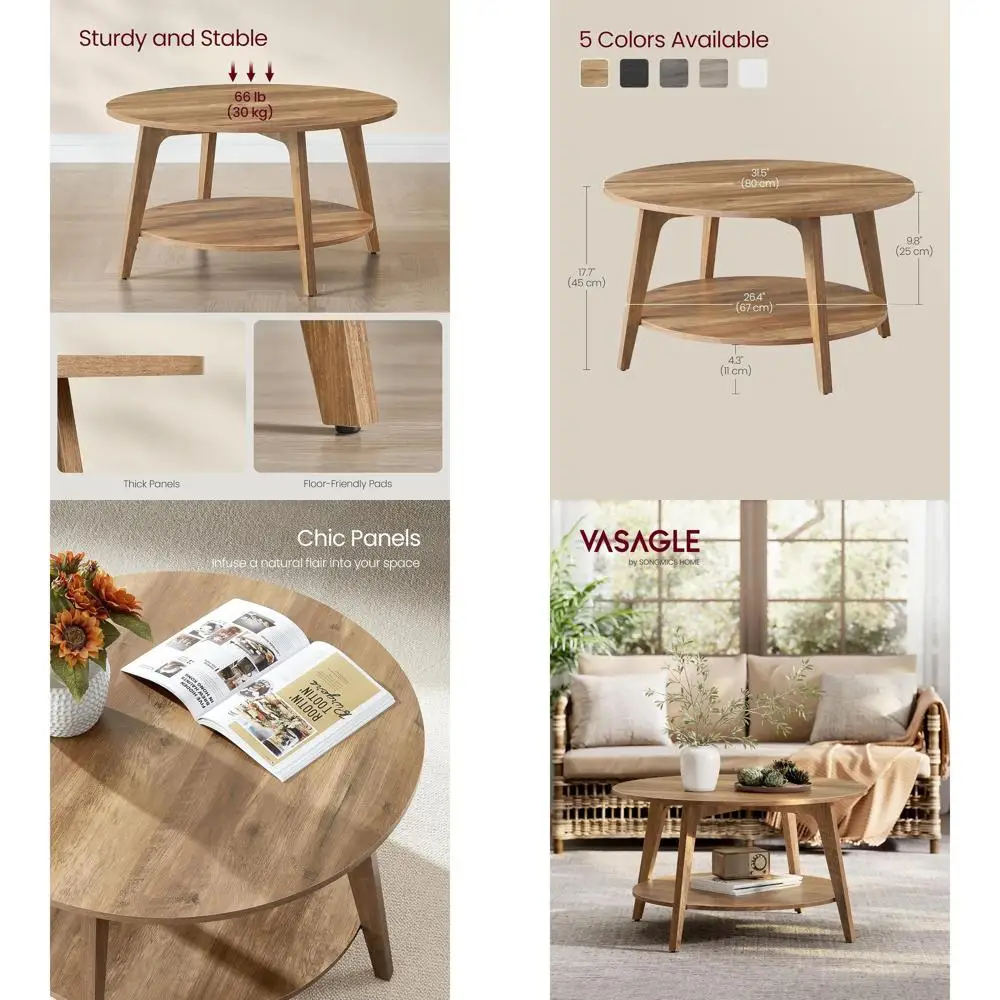 

2-Tier Storage Coffee Table with Tapered Legs, Curved Design, 31.5 Diameter x 17.7 High, Easy Assembly, Honey Brown for Living R