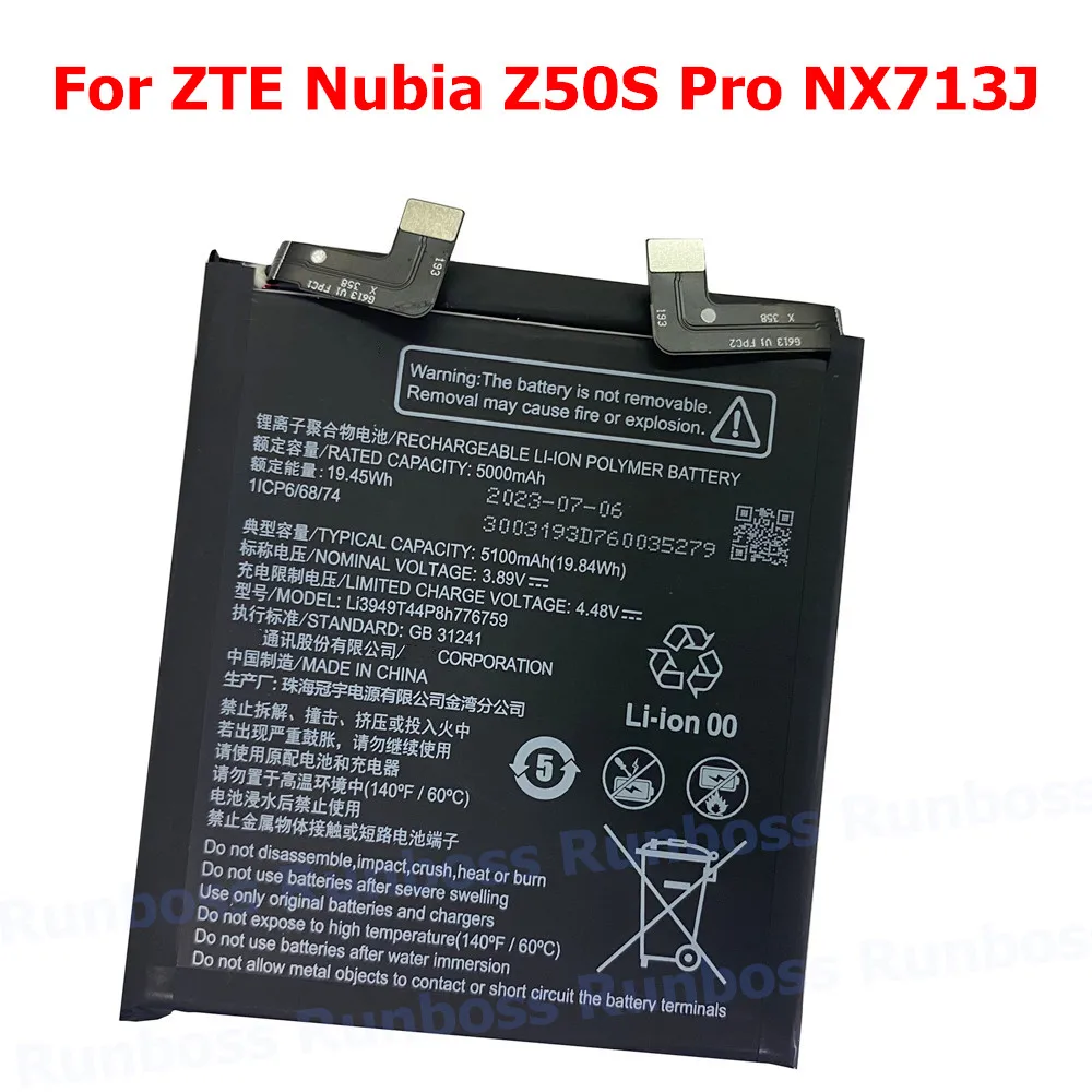 New Original Li3949T44P8h776759 5100mAh Battery for ZTE Nubia Z50S Pro NX713J Mobile Phone 1ICP6/68/74