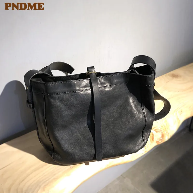 Pndme casual luxo de alta qualidade couro genuíno dos homens preto bolsa de ombro organizador designer natural real sacos crossbody