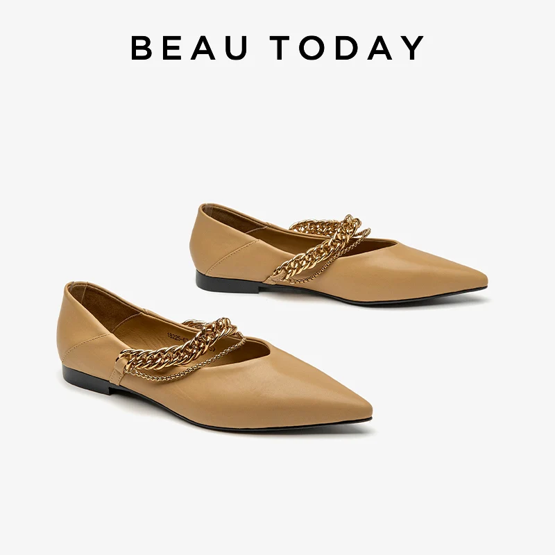 

BEAUTODAY Chain Flats Women Genuine Calfskin Pointed-Toe Solid Color Metal Decoration Slip-on Ladies Party Shoes Handmade 18255