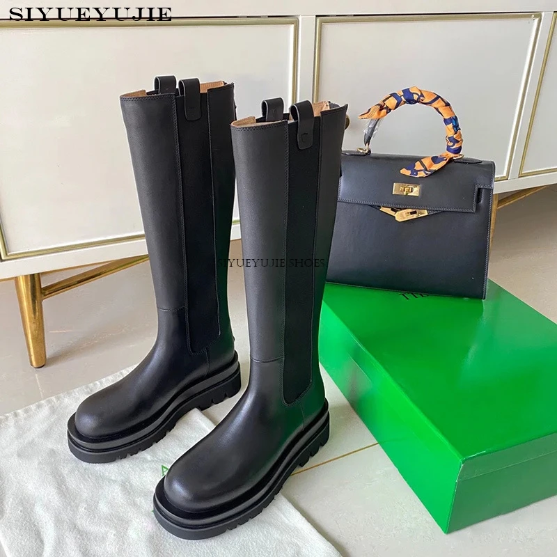 Platform Genuine Leather Women Knight Long Boots Fashion Warm Fur Shoes Autumn Winter Square Heels Ladies Knee High Booties