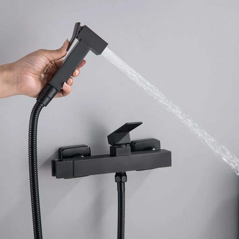 

Modern Wall Mounted Bidet Sprayer Set with Chrome Plated Brass Square Tap and Cold/Hot Water Mixer for Bathroom Toilet