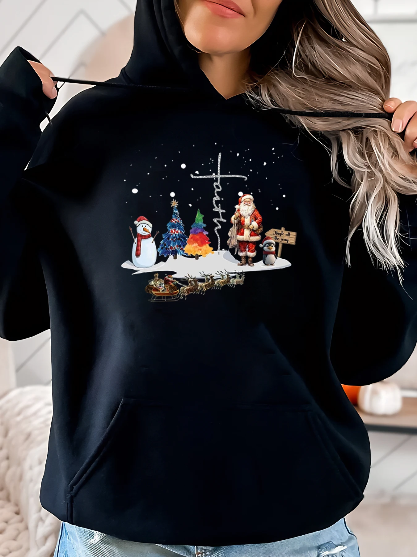 

Рождественская праздничная толстовка с принтом Санта-Снеговика и оленя, женская повседневная зимняя одежда, черная, больших размеров
