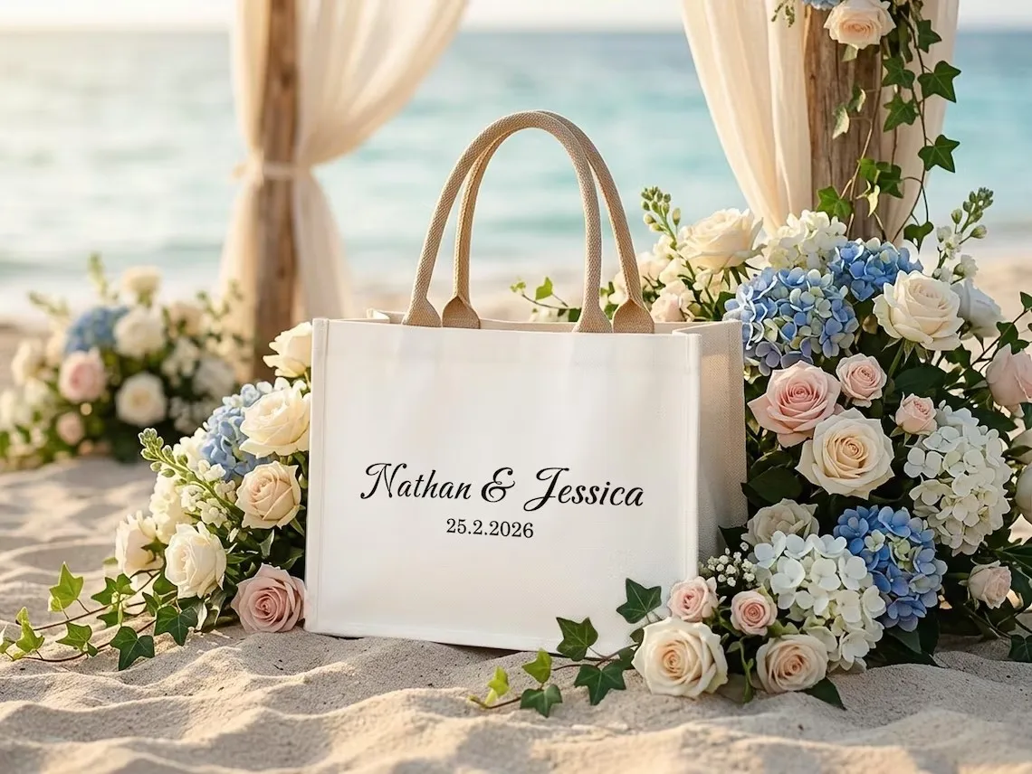 Personalisierte Canvas-Tragetasche mit minimalistischem schwarzem Text für Brautjungfern | Robuste Hochzeits- und Partygeschenke – Detail 2