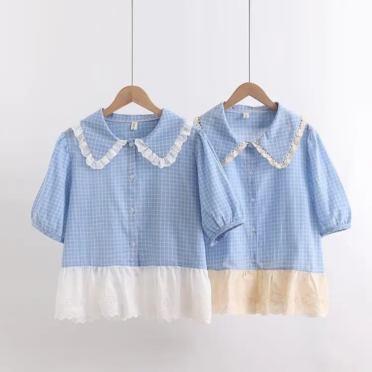 

Japanese Sweet Mori Girl Vintage Plaid Lace Patchwork Shirts Women Summer Cute Peter Pan Collar Short Sleeve Casual Blouse Tops