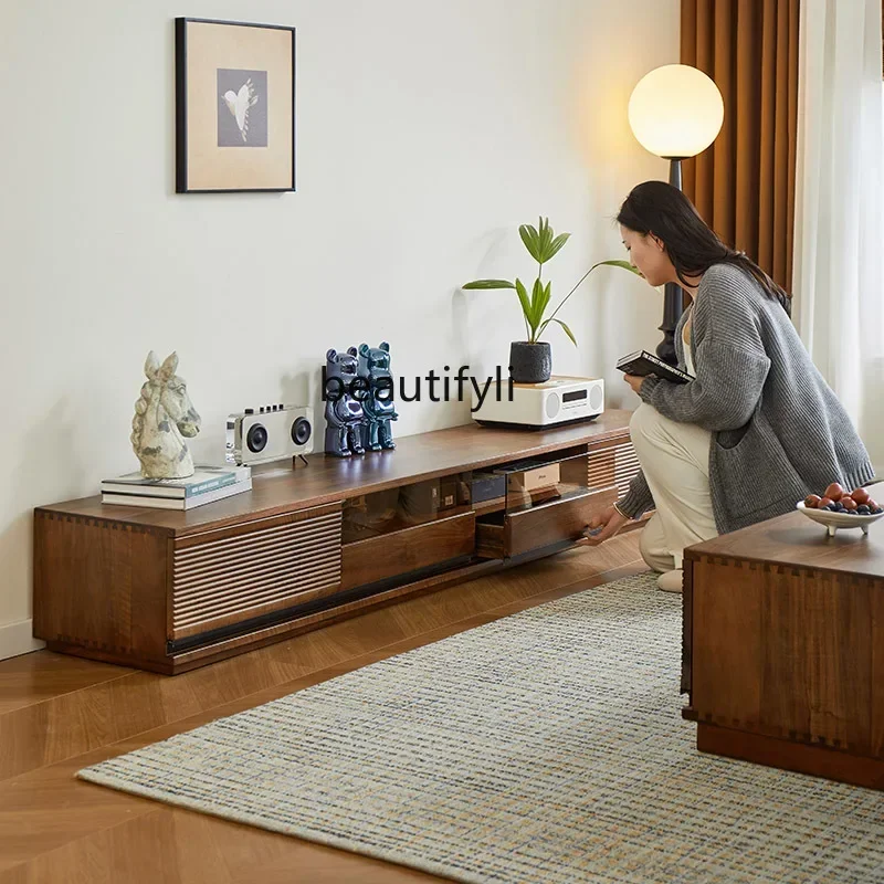 

Black walnut TV cabinet Solid wood living room home TV cabinet Floor storage locker420