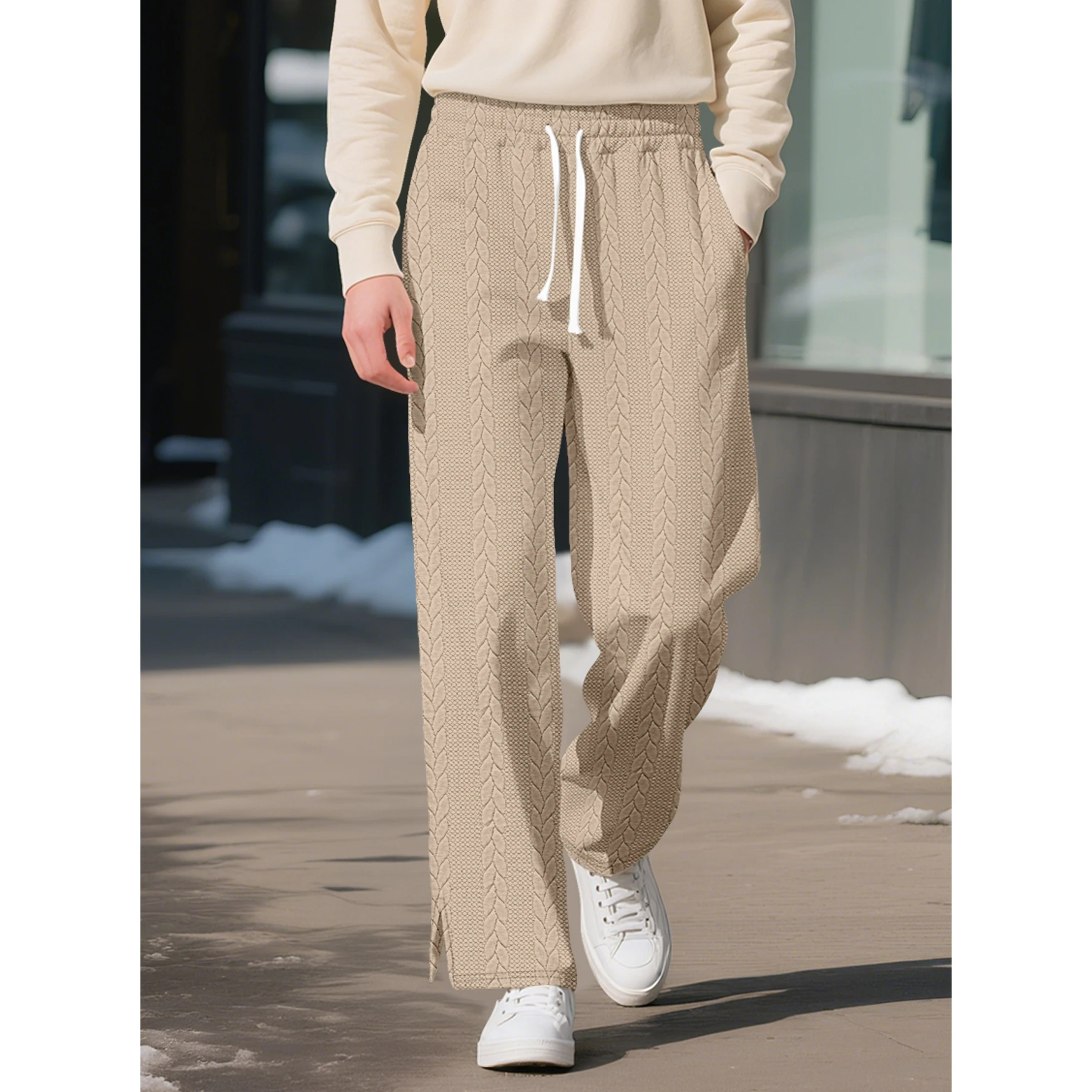 Men's Drawstring Pants with Pockets Stylish Jacquard Design Casual Mid Rise Straight Leg Trousers
