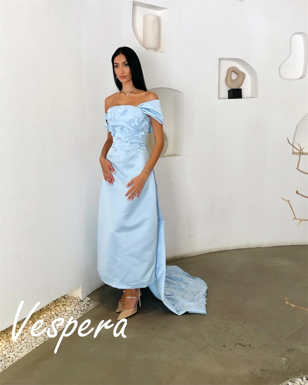 

Customized High Quality Blue Satin Evening Dress Modern Strapless Homecoming Dresses Temperament Flowers Vestido De Festa