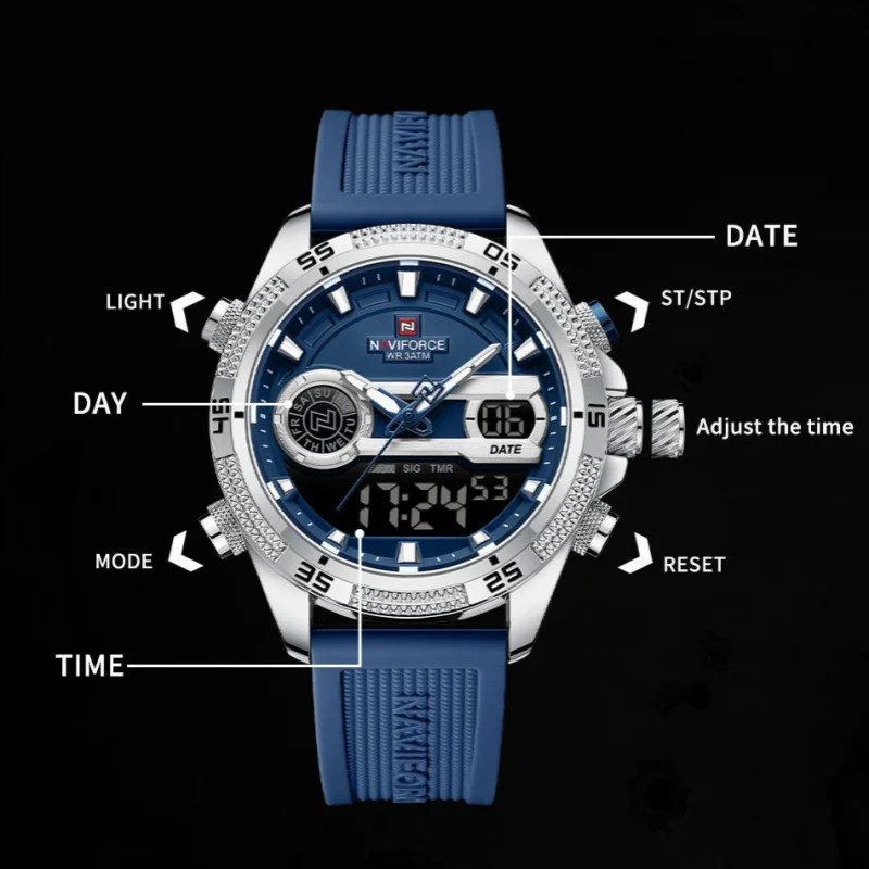NAVIFORCE 9223 موضة الرجال ساعة إلكترونية عرض مزدوج مضيئة مقاوم للماء كرونوغراف الساعات الرقمية للرجل reloj hombre