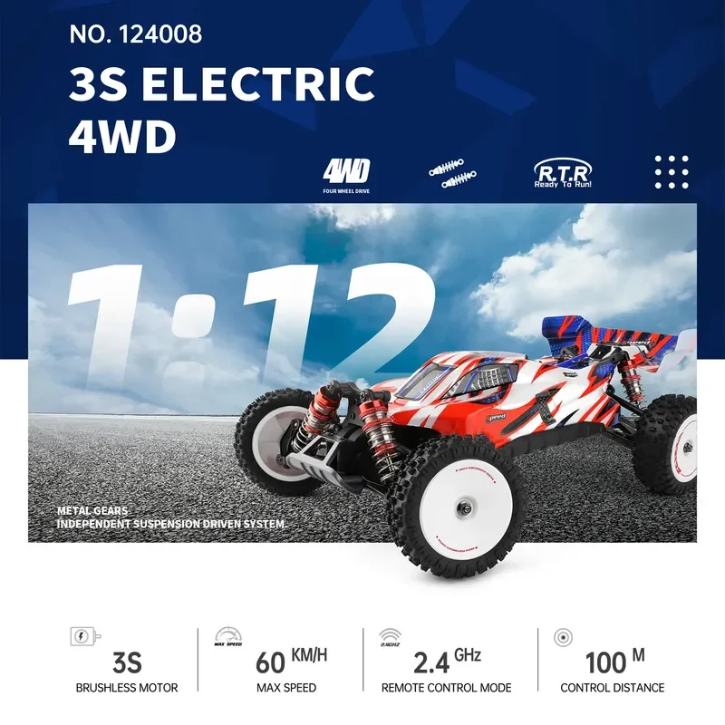 Nowy 124008   Samochód zdalnie sterowany 1/12 2.4ghz 60km/h szybki samochód terenowy bezszczotkowy 4wd pojazd 11.1v 2000mah prezenty dla dzieci