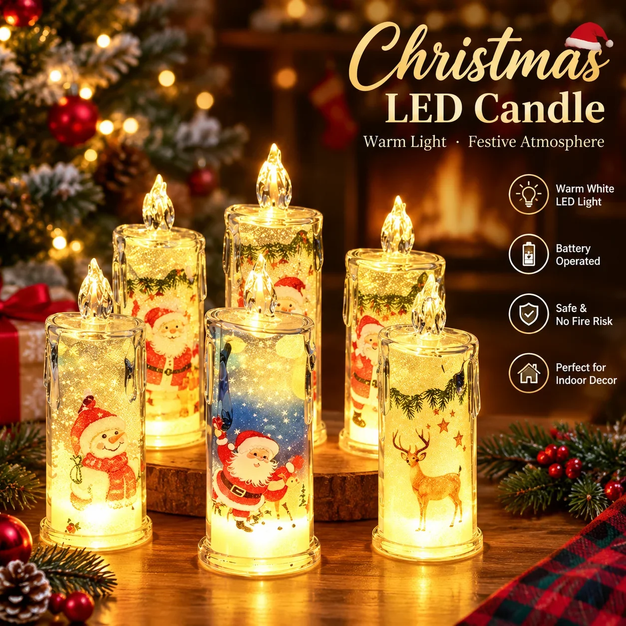 LED Electronic Christmas Candle Dripping Wax Simulation Flameless Candle with Santa Snowman for Xmas Home Table Ornament