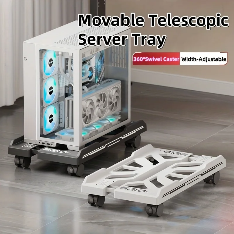 1pc Adjustable Height Mobile Gaming Server Stand With 360 Degree Rotating Casters Telescopic Bearing Tray Sturdy Plastic Base