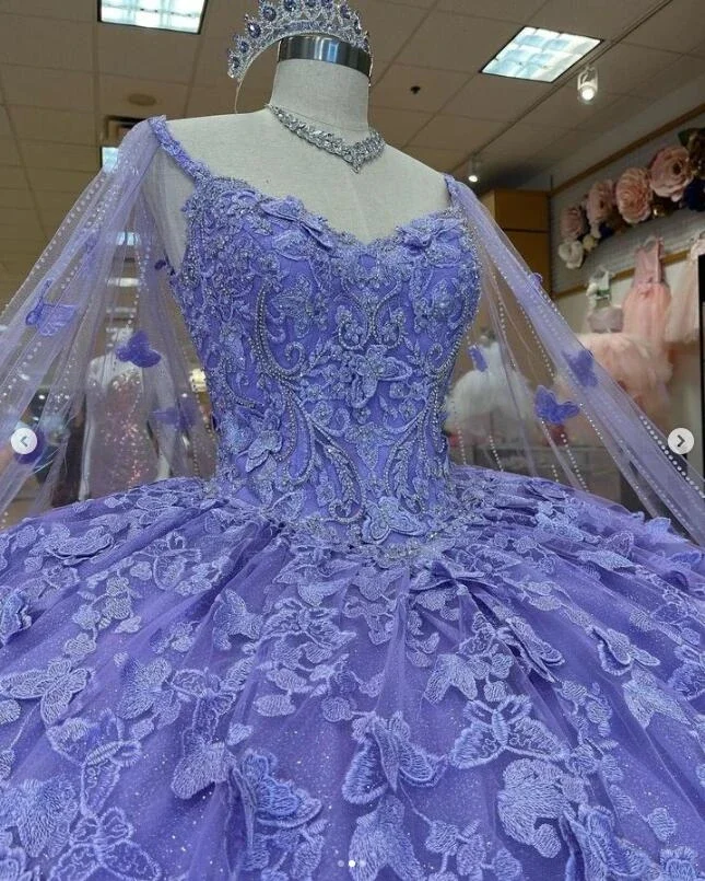 ANGELSBRIDEP Lila Lavendel Prinses Quinceanera Jurken met Cape Kralen Vlinder 3D Bloemen Geappliceerd Vestidos Para xv Años