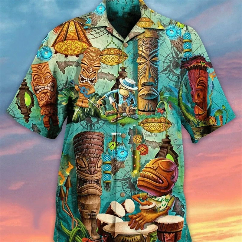 Temple Statue Graphic Shirts for Men Clothing 3D Printed Hawaiian Beach Shirt Short Sleeve y2k Tops Vintage Clothes Lapel Blouse