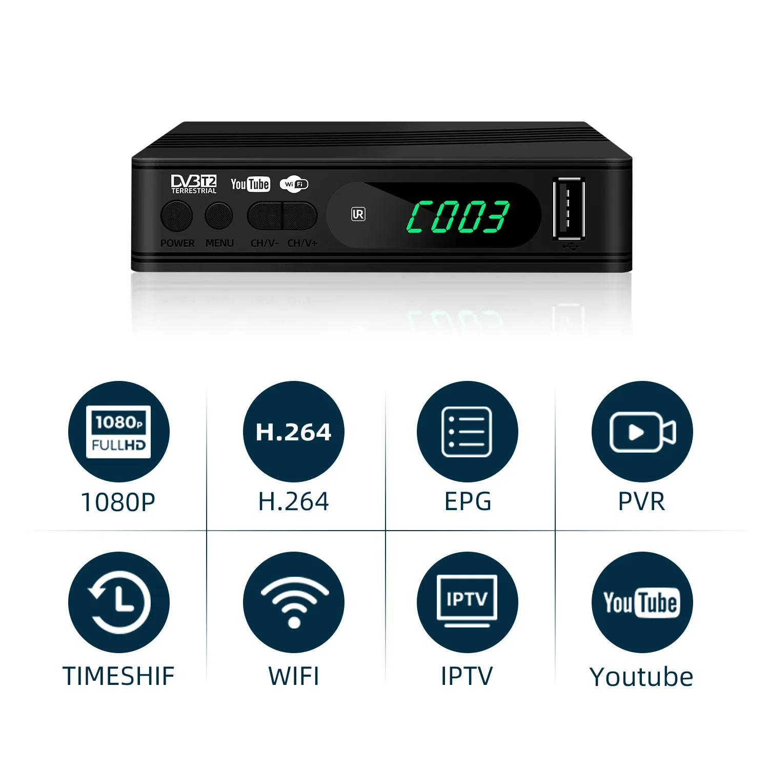 DVB-T2 TV 튜너, 1080P HD 지상 리시버, USB 2.0 TV 디코더, H.264 지지대 유튜브, 이스라엘, 러시아, 우크라이나, 아프리카에 적합