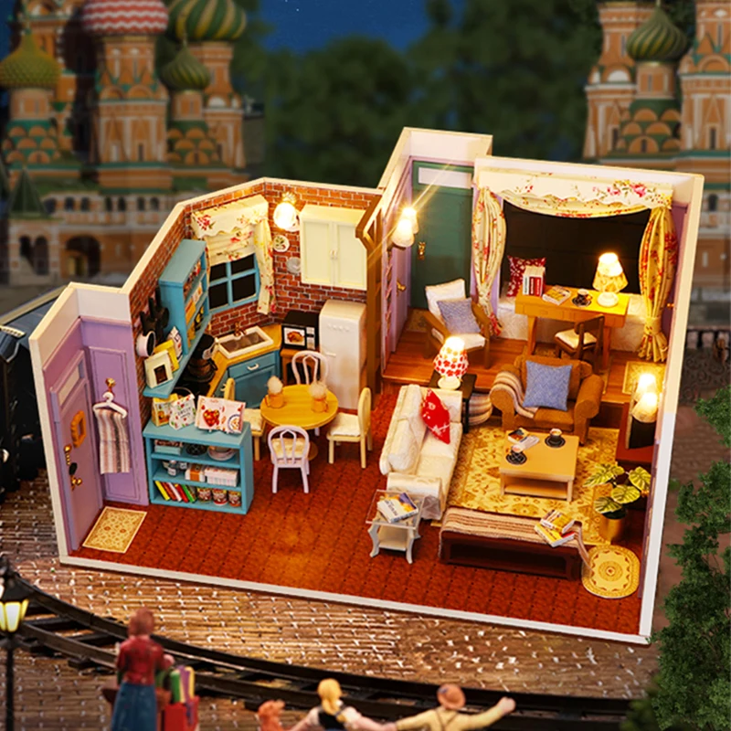 DIY Kits De Construção Em Miniatura De Madeira, Bookend Com Luzes, Montagem Estante, Decoração Para Casa, Amigos Presentes, Apartamento de Monica, Casa