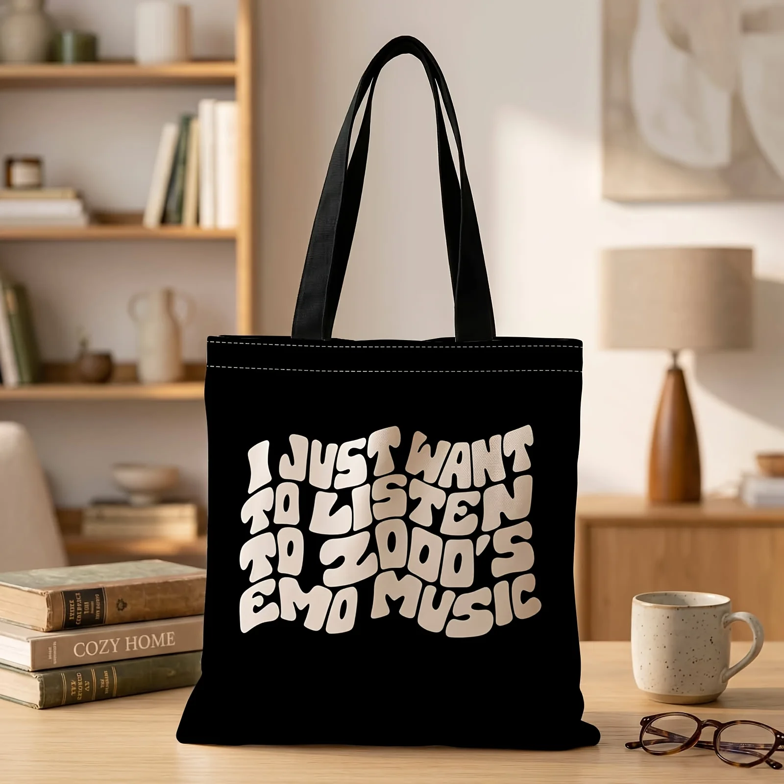 1pc 2D Printed Handbag with Emo Vibes Only Pattern, Reusable Fashion Shoulder Bag Handbag Shopping Tote Bag Suitable for Shoppin