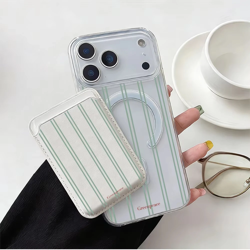 Luxury Green Line For Magsafe Magnetic Wallet Card Holder Phone Case For iPhone 18 13 16 15 12 14 17 Pro Max Case 16E Plus Cover
