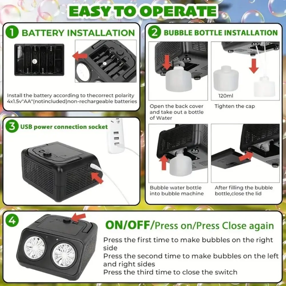 Máquina de bolhas totalmente automática, 26 furos, palco, soprador de bolhas elétrico, brinquedos com 2 ventiladores portáteis