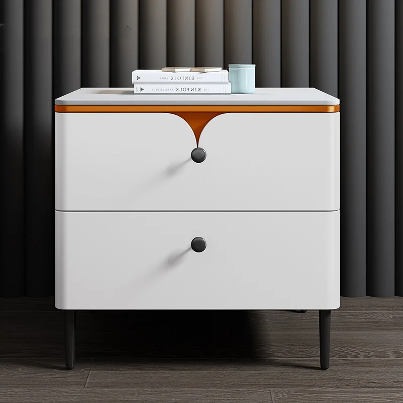 Wooden Bedside Table with Sintered Stone Top Modern Style 2 Drawers Leather Bedroom Nightstand Mini Side Storage Cabinet