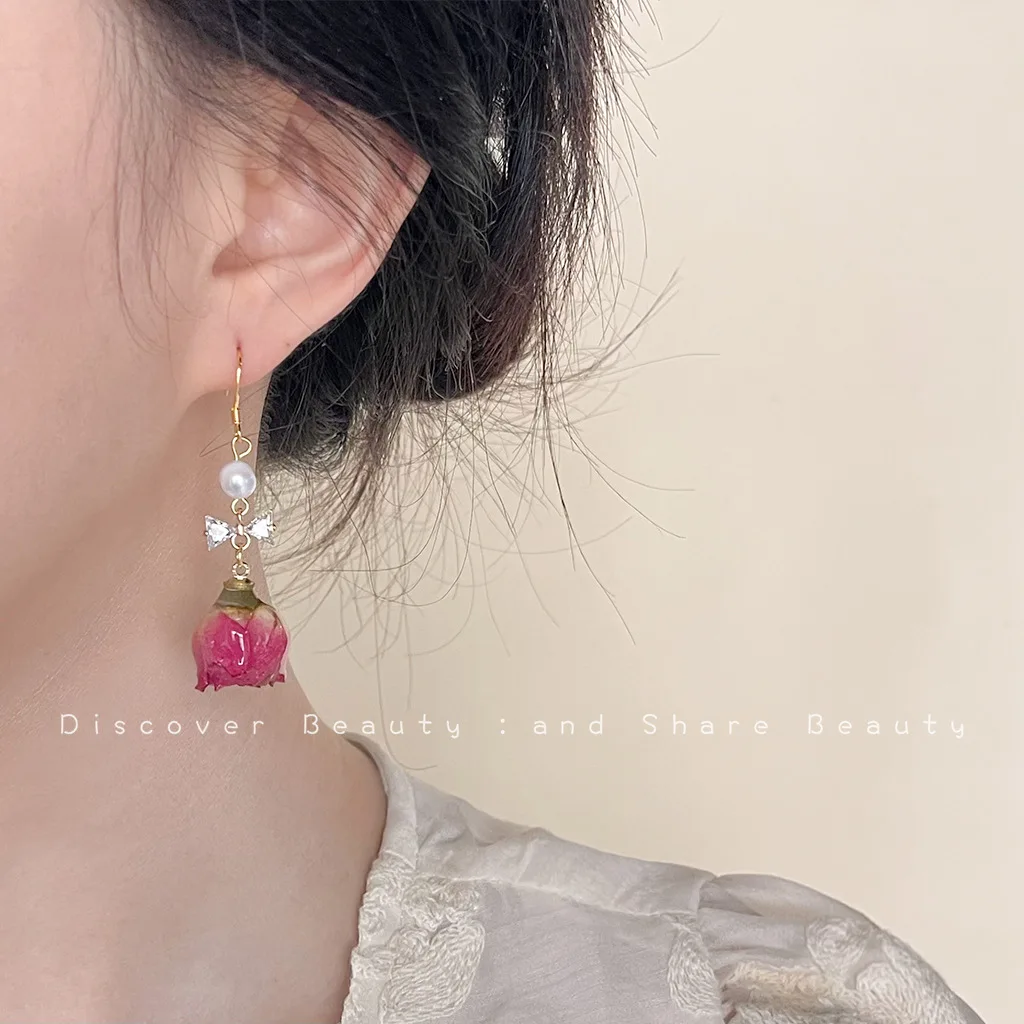 DIY accessories Mori super fairy immortal flower earrings French retro natural dried flower stud earrings niche light luxury hig