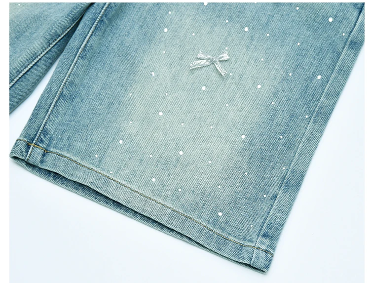 Neue Modische Kinder-Knielange Jeans-Shorts mit Schleife und Strass für Teenager-Mädchen, Lässige Capri-Jeans mit Schleife – Detail 15