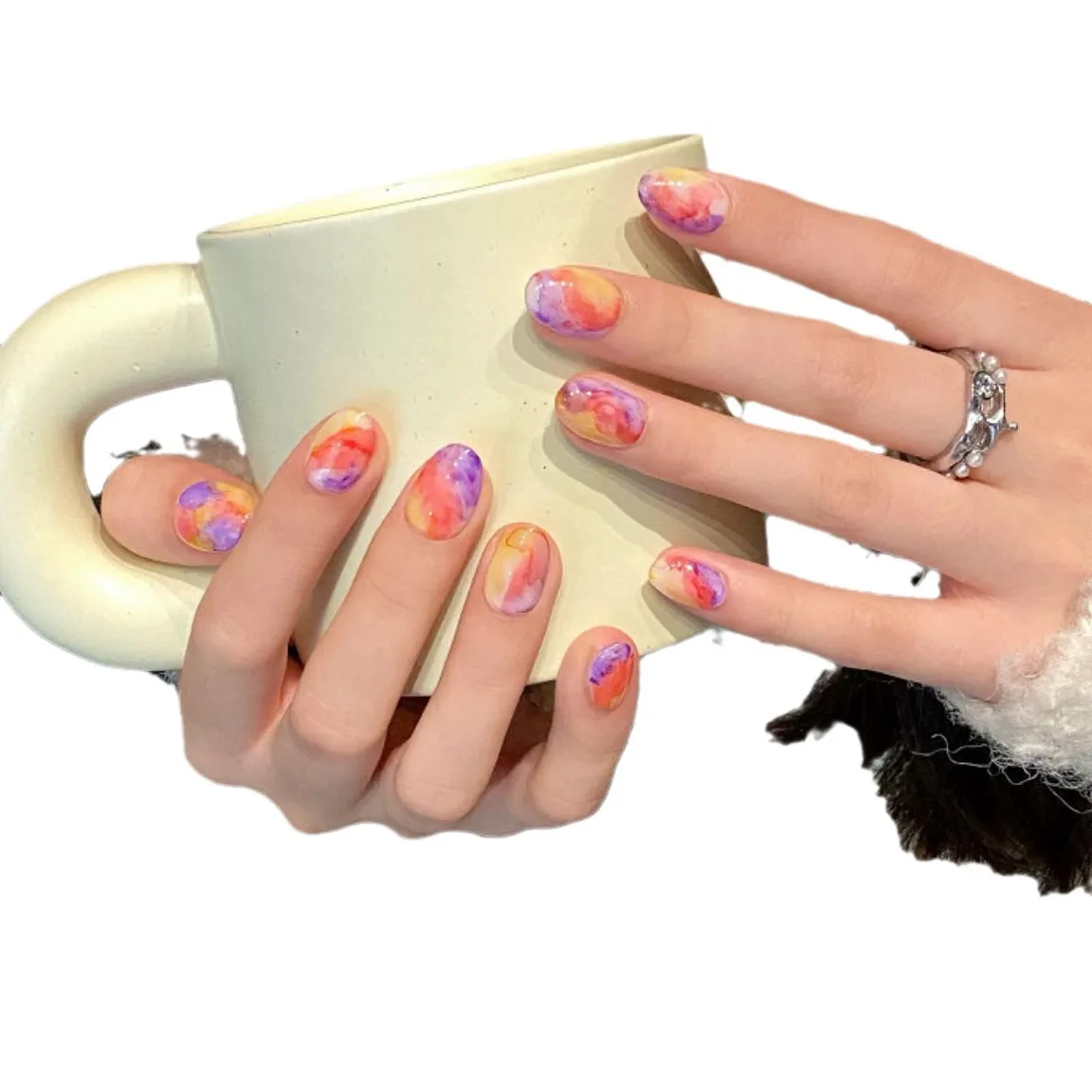 10 PCS Luxury Handmade Press on Nails Super Short Oval Marble Grain Design with 3-PIECE Tool Adhesive Nail Glue Tabs