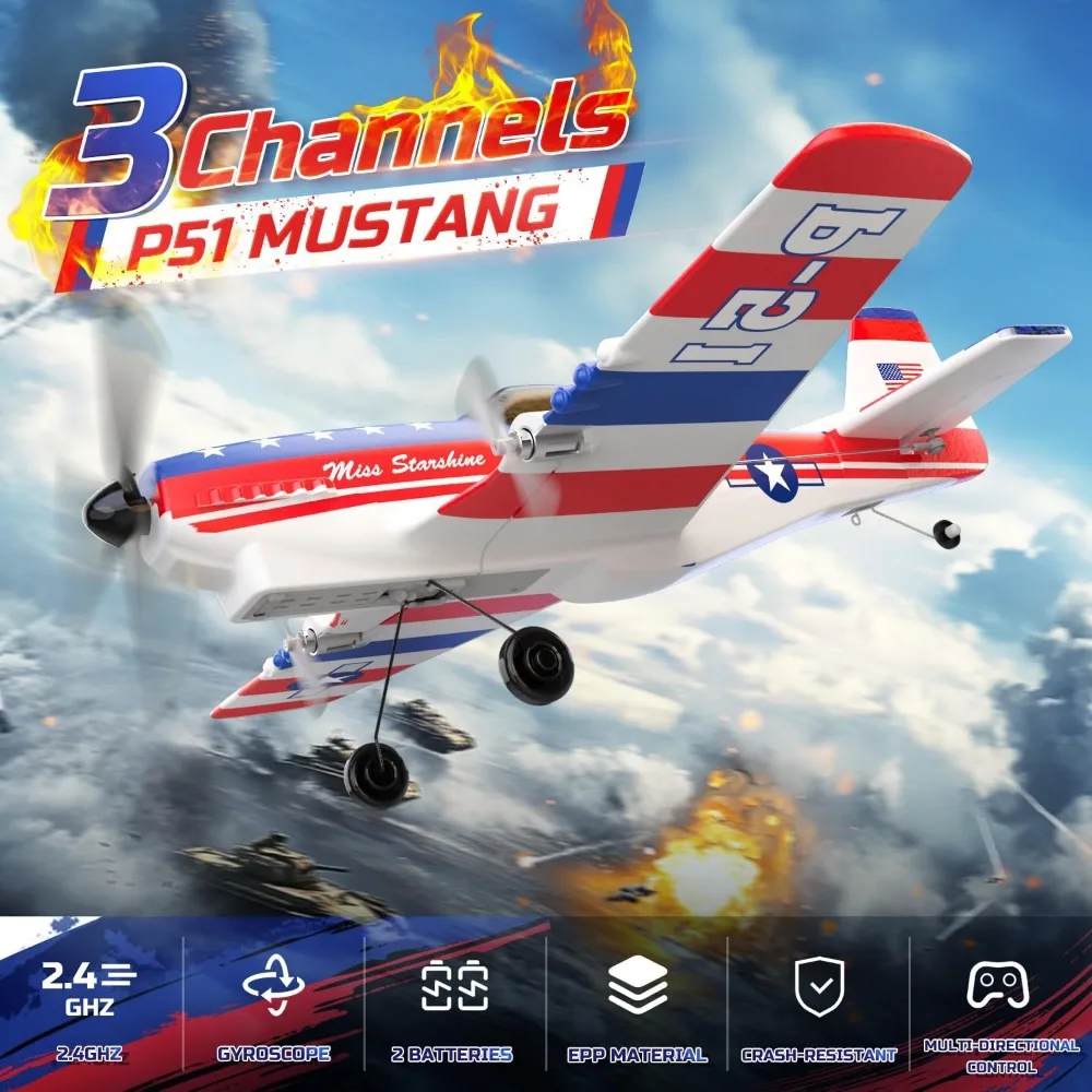 Avión Mustang RC P51D de 3 canales, 2,4 GHz, con estabilizador giroscópico de 6 ejes, juguete de avión planeador listo para volar