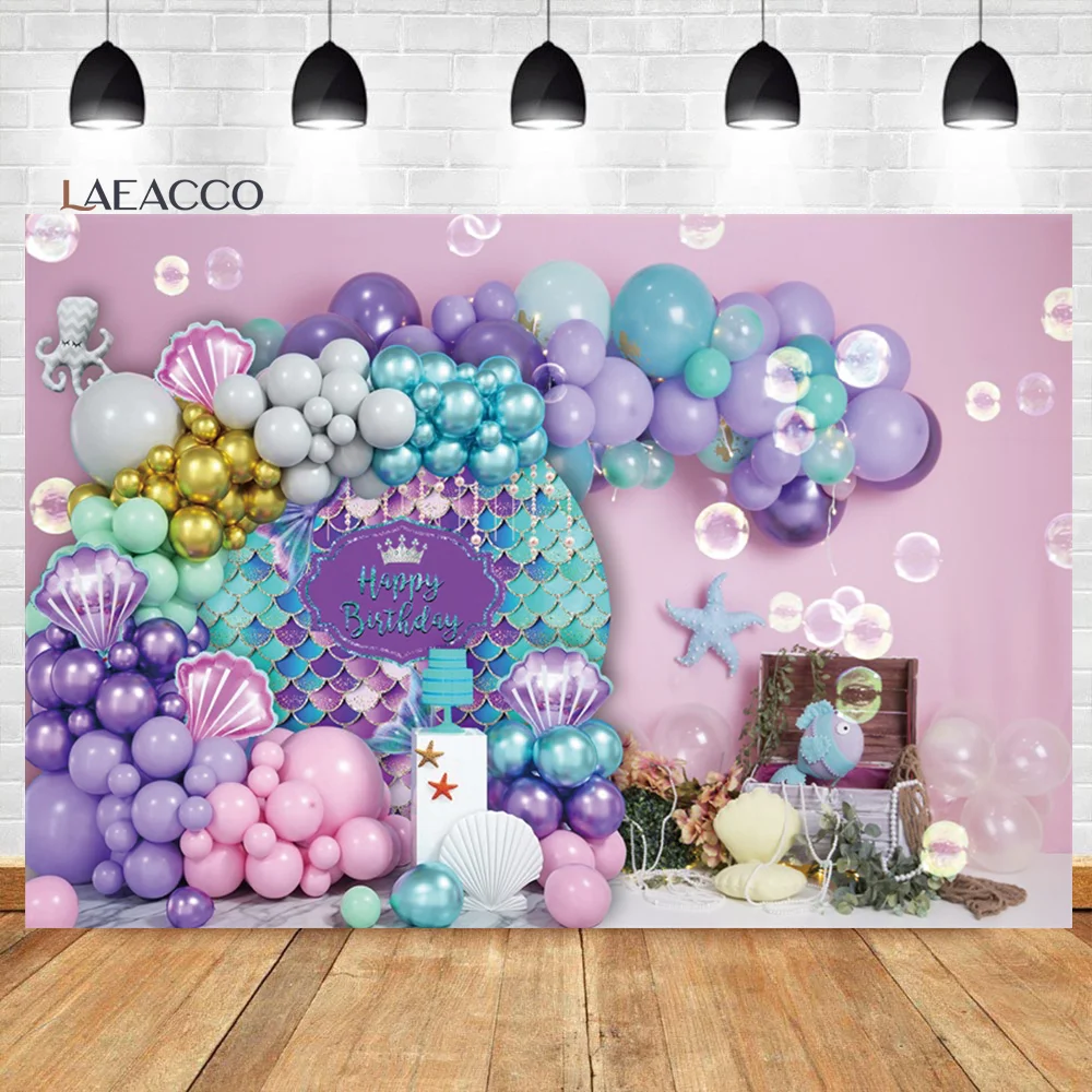 

Laeacco Mermaid Theme Birthday Sence Photo Backdrop Colorful Scale Balloons Interior Girls Baby Portrait Photography Background