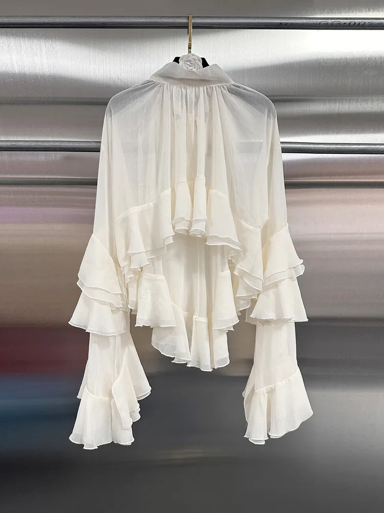 High Street Blouses Women's French Beige See Through Flared Sleeve Chiffon Shirt Top with Multiple Layers of Ruffled Edges