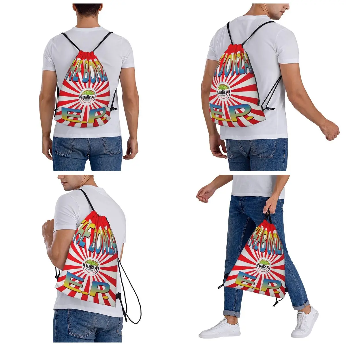 Bonzai Records Backpacks Multi-function Drawstring Bundle Pocket Sports Bag Book Bags for Man Woman School