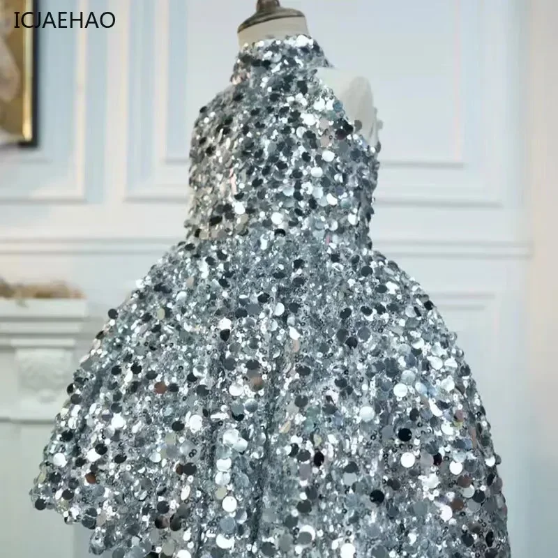 2025 Silver Sequins Girls Dress Children Party Birthday Host Model Catwalk Princess Elegant Dresses Female Child Clothes Vestido