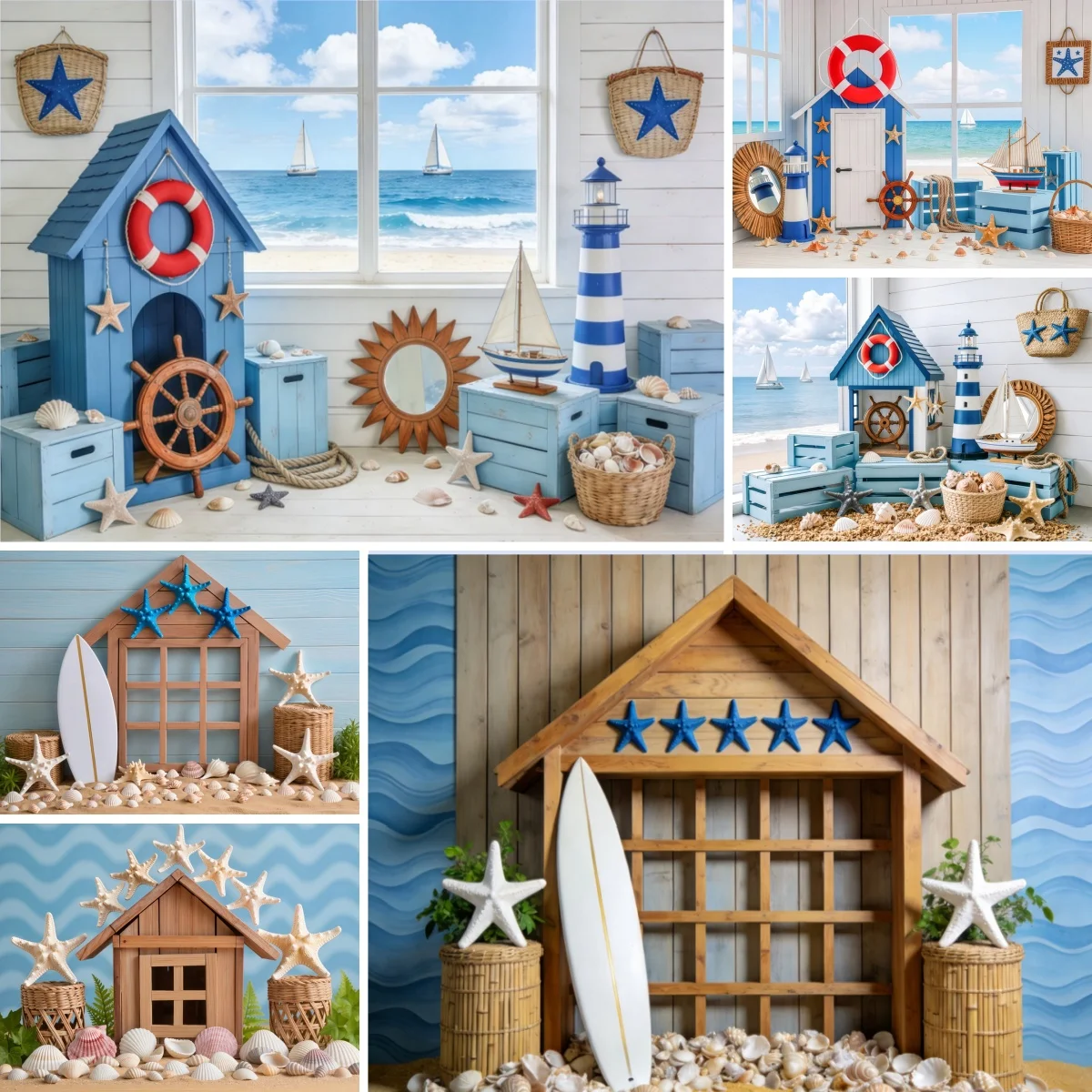 Summer Sea ​​Voyage Photography Background Sailboat House Navigation Tools Starfish Seashells Kids Adult Portrait Photo Backdrop
