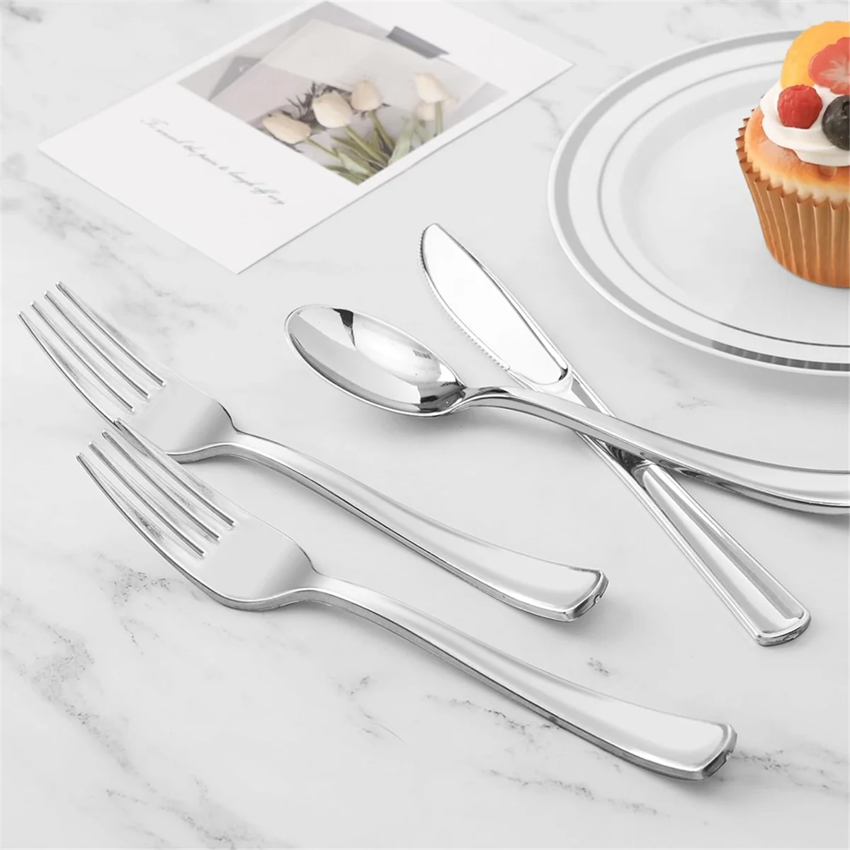 Pre Rolled Silver Plastic Silverware Set,Pre Rolled Napkins with Silver Cutlery Set for Party,Birthday Silver