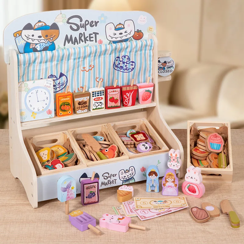 Children Wooden Mini Supermarket Playset, Simulation Food Snack Ice Cream Toy, Pretend Shop Role Play Educational Gift For kids