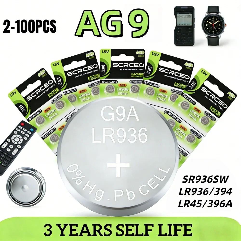 

2-100PCS 1.5V AG9 LR936 Button Cell Batteries, Also SR936SW LR936 LR45 396A for Calculator Thermometer Toy Watch