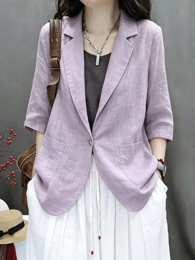 Cotton Linen Short Women's  Summer New Slim Fit Seven Sleeve One Button Casual Linen Suit Jacket Autumn Fashion