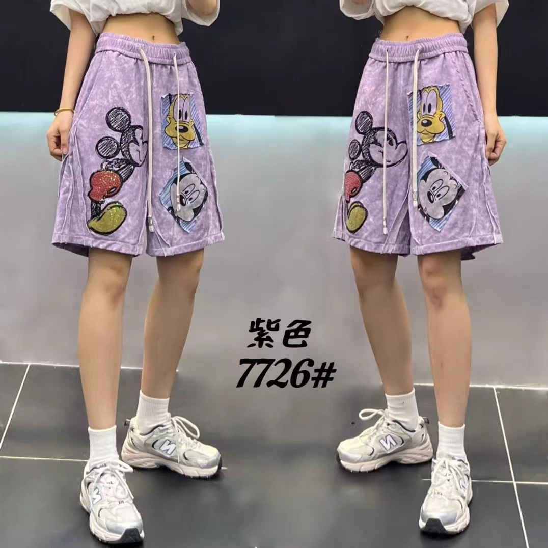 

Fashion Sequins Cartoon Embroidery Straight Pants American Street High Waist Wide Leg Fifth Pants Students Knee-length Pants
